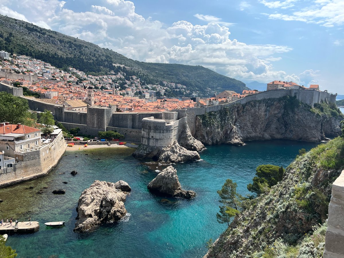 The view from the top of the Fort Lovrijenac in Dubrovnik, looking at Old Town Dubrovnik and the bay.